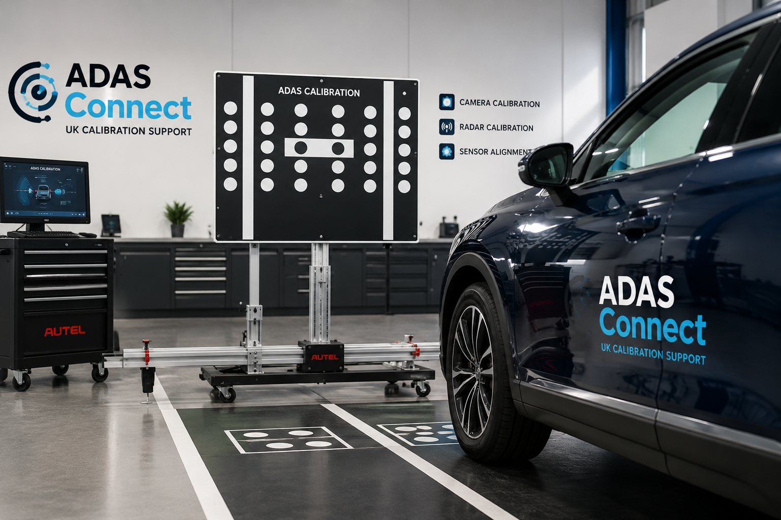 ADAS calibration equipment set up in front of a vehicle for camera and radar sensor alignment