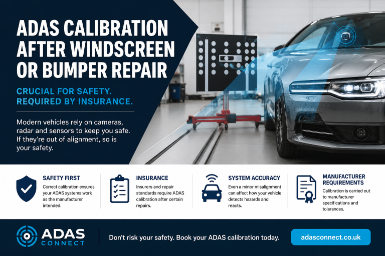 ADAS calibration after windscreen, bumper and body repairs for vehicle safety and insurance requirements.