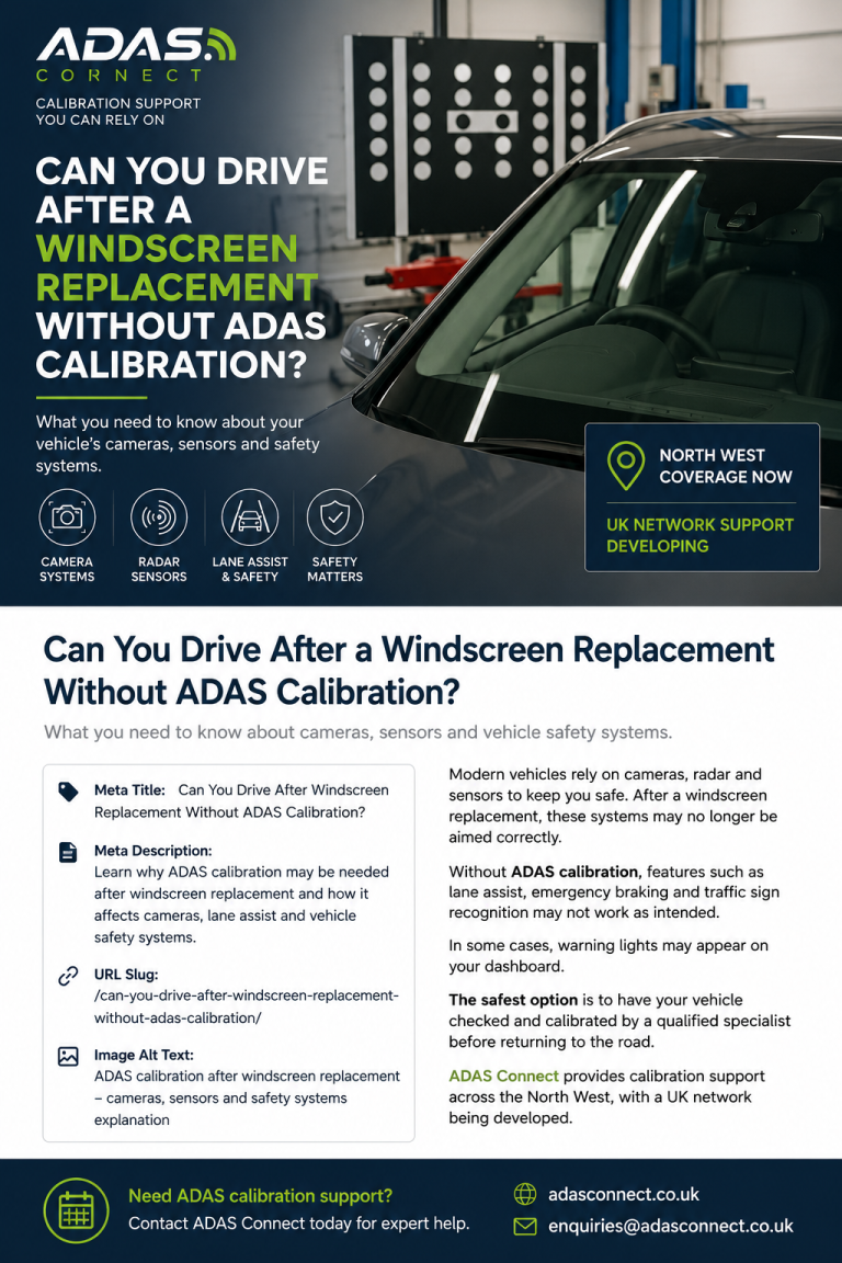 ADAS calibration after windscreen replacement showing vehicle camera and workshop calibration equipment